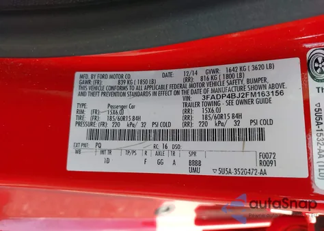 2015 Ford Fiesta Se from USA, damaged, VIN 3FADP4BJ2FM163156